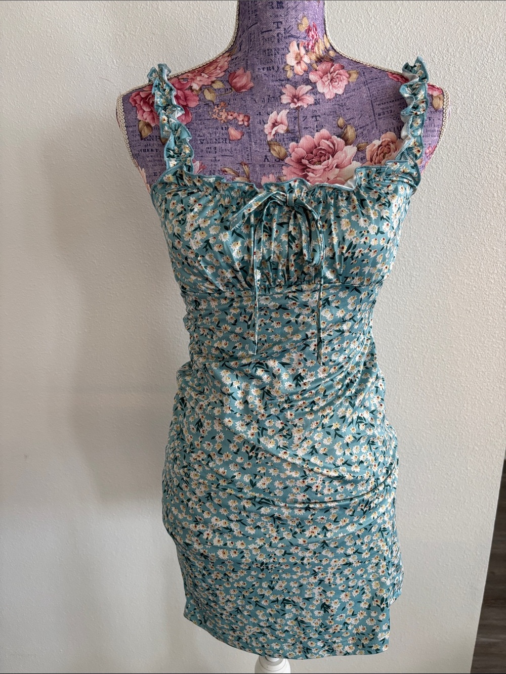 Floral Ruffle-Strap Bodycon Dress in Teal